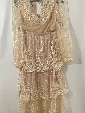 Long Sleeve Lace Tiered Maxi Dress in Champagne 2 Piece — Elegant Evening Wear